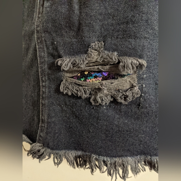 GLAMOROUS Jeans Dolls Kill Distressed Denim Mini Skirt Peekaboo Purple Sequins - Picture 5 of 8